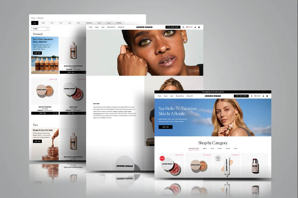 Jones Road Beauty Shopify store design across multiple pages