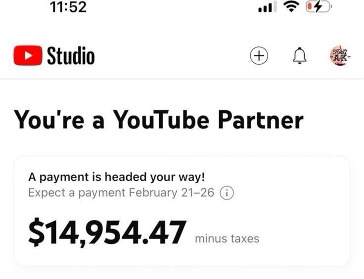 YouTube Studio partner payment of $14,954.47