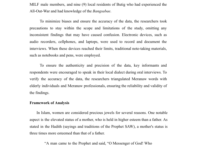 Academic research article on the Meranaw Bangsabae and All-Out-War, methodology and framework of analysis section