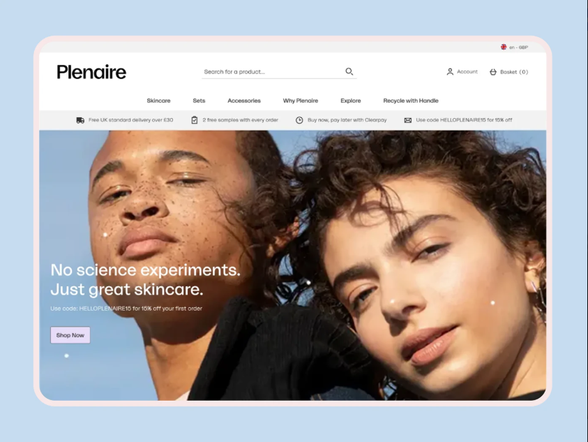 Plenaire Shopify skincare storefront design