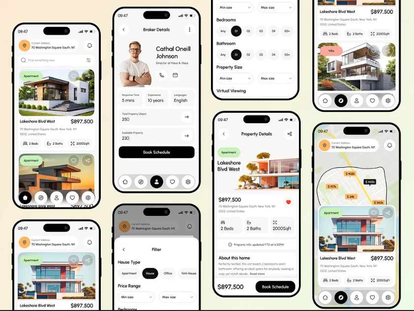 Real estate mobile app UI showing property listings, broker details and interactive map screens