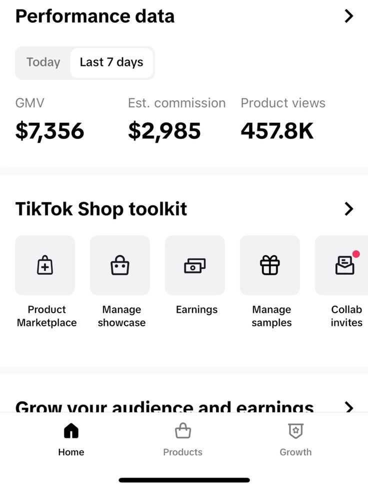 TikTok Shop performance data showing $7,356 GMV, $2,985 estimated commission and 457.8K product views in 7 days