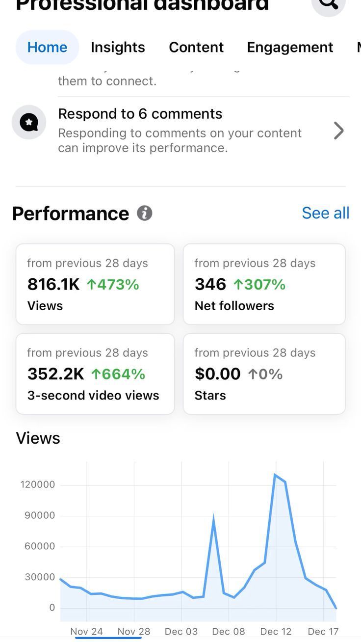 Facebook Professional dashboard showing 816.1K views, 346 net followers and 352.2K 3-second video views in 28 days