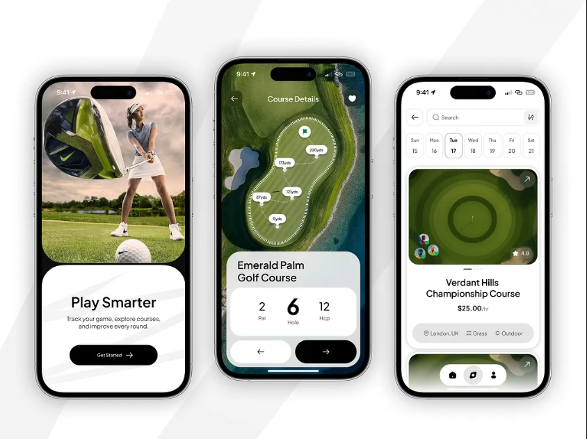 Golf tracking mobile app UI showing onboarding, course details with hole map and booking calendar