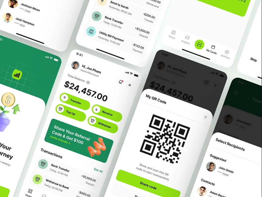 Fintech payments and QR mobile app UI