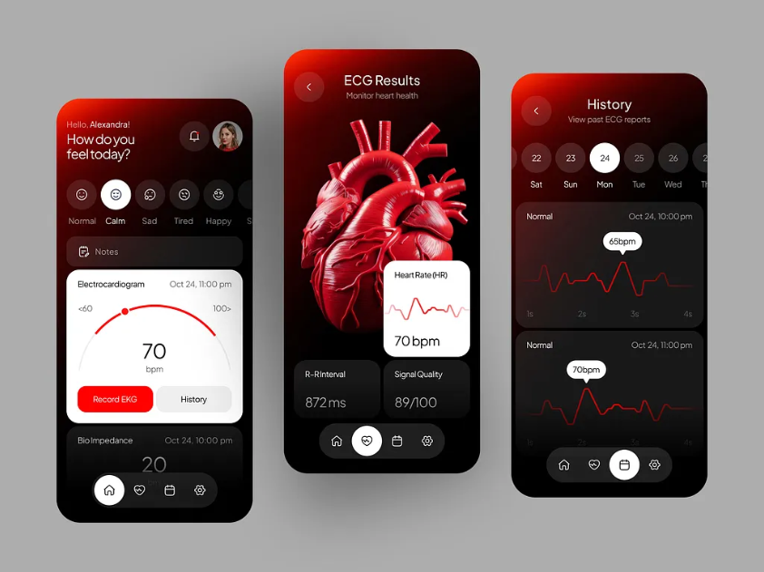 Healthcare and ECG monitoring mobile app UI