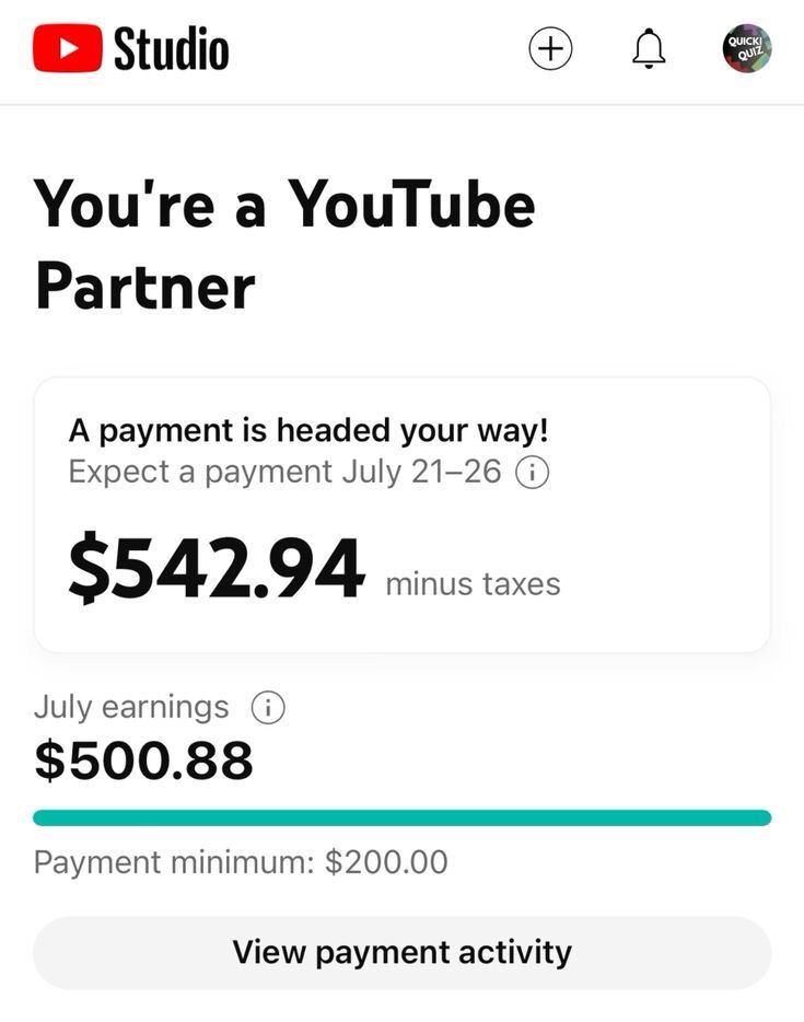 YouTube Studio partner payment of $542.94 with July earnings of $500.88